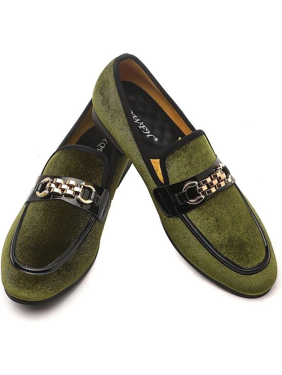 XQWFH Men\'s Army Green Velvet Loafers Gold Chain Buckle Slip On Flats Shoes